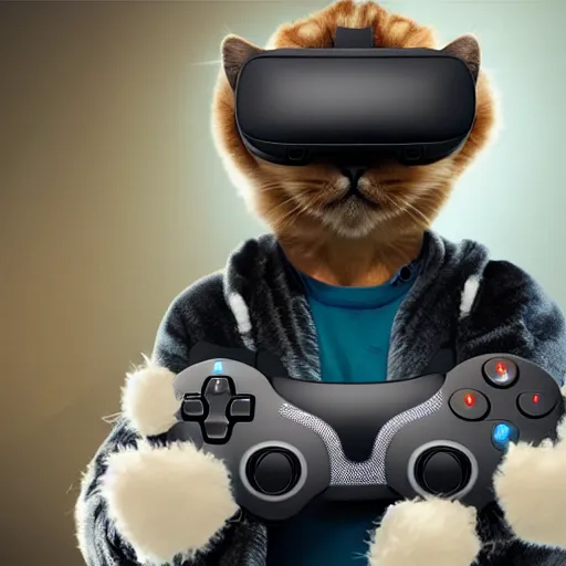 Prompt: beautiful fluffy cyborg cat wearing virtual reality headset on face, standing up holding game controllers in paws, detailed 4 k painting