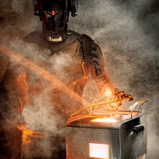 Image similar to cyborg with toaster oven for torso, dark messy smoke - filled cluttered workshop, dark, dramatic lighting, orange tint, sparks, cinematic, highly detailed, sci - fi, futuristic, movie still