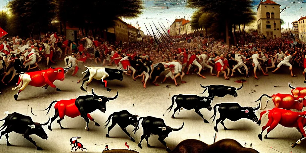 Image similar to the running of the bulls in pamplona, hundreds of people are fleeing from rampaging bulls in the city streets, art by hieronymus bosch, intricate, elegant, highly detailed, smooth, sharp focus, artstation