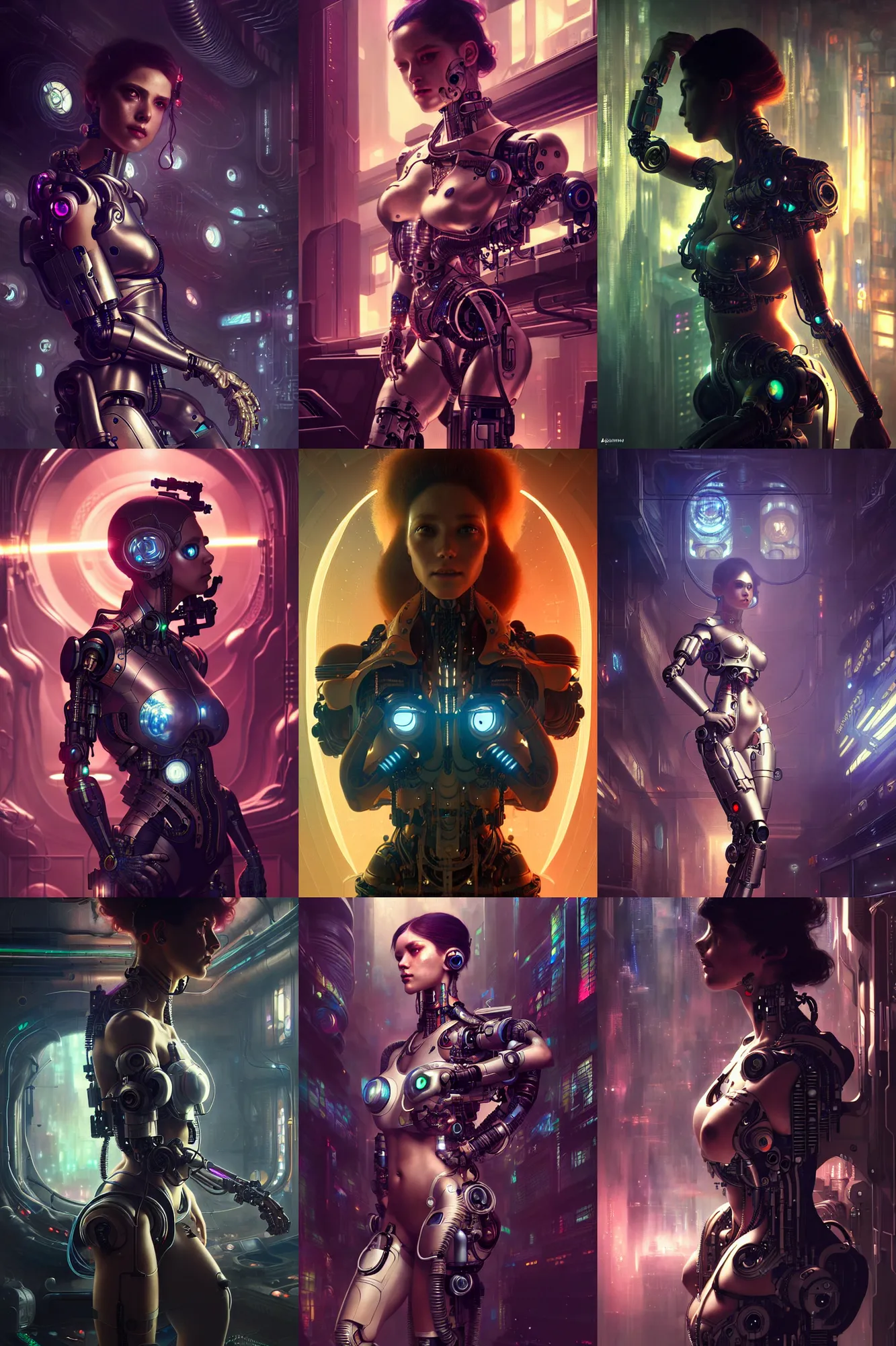 Prompt: ultra realistic, beautiful female cyborg in a crowded smoky cyberpunk club in space megalopolis, sci-fi, intricate details, eerie, highly detailed, octane render, 8k, art by artgerm and alphonse mucha and greg rutkowski