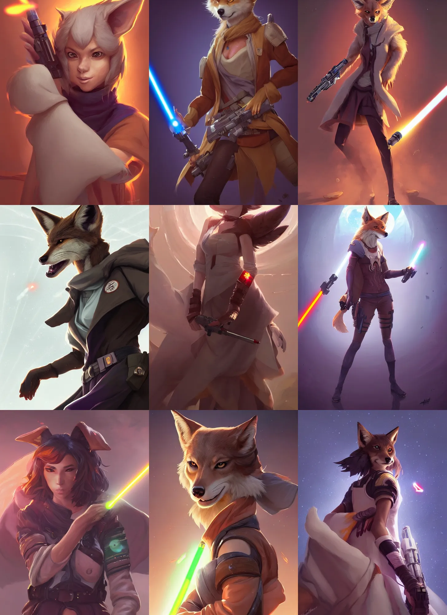 Prompt: beautiful portrait of a female anthropomorphic coyote fursona wearing sexy jedi robes wielding a blaster laser gun. character design by charlie bowater, ross tran, artgerm, and makoto shinkai, detailed, soft lighting, rendered in octane