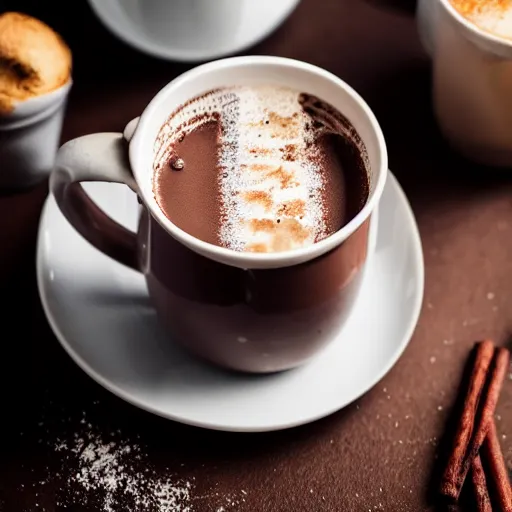 Image similar to hot chocolate photography, front angle, styled food photography, 4 k,