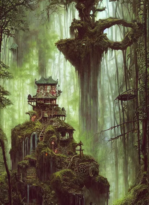 Image similar to a hyper realistic architectural witch shrine under a waterfall in the woods, gorgeous lighting, lush forest foliage, painting by chiara bautista and tom bagshaw, muca beksinski and norman rockwell and greg rutkowski weta studio, and lucasfilm