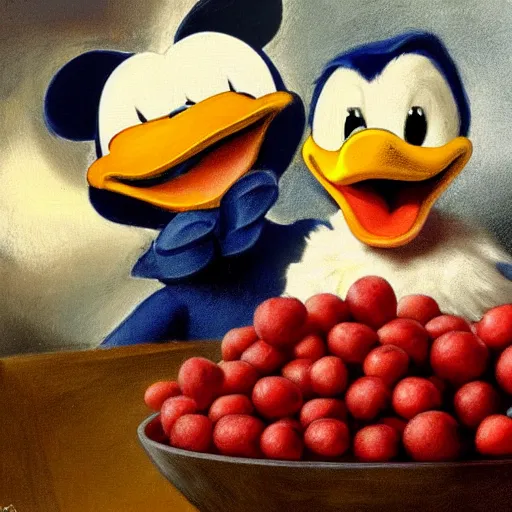 Prompt: donald trump and donald duck are sitting in front of a bowl of stawberries, drawing by rembrandt