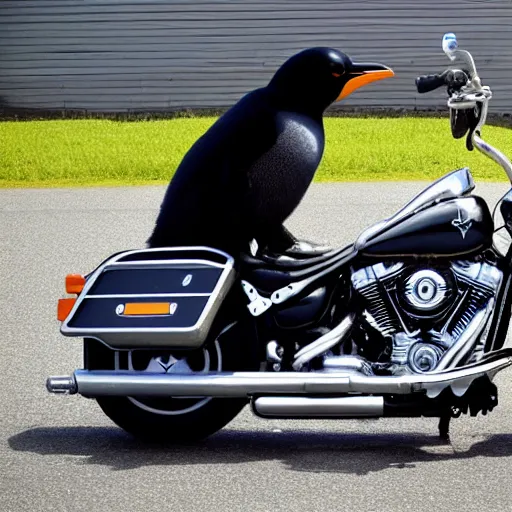 Prompt: pinguin on a Harley Davidson on the road, funny picture