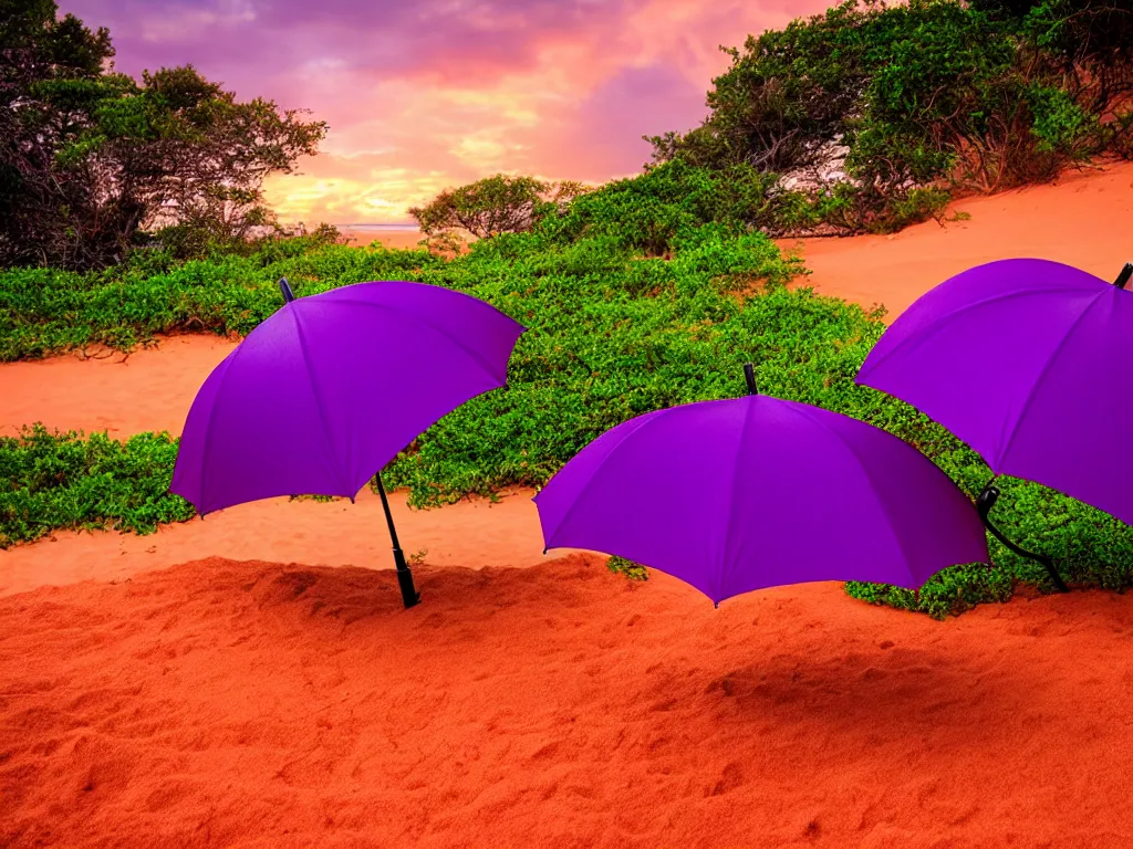 Prompt: purple umbrella, red sand beach, green ocean, nebula sunset