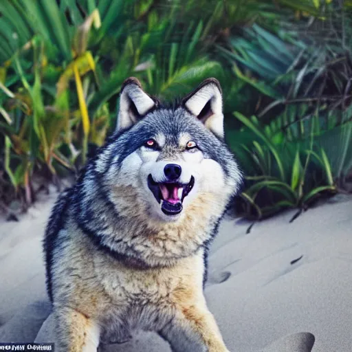 Prompt: an adorable but fierce chubby wolf with rabbit ears, Smiling at the camera with a mischievous grin, at a tropical beach