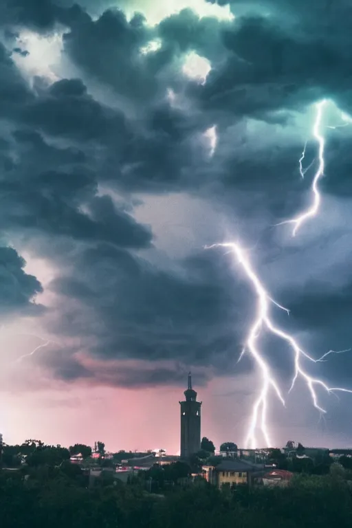 Image similar to strange and ominous clouds with lightning and a tower rising through the mist, vapor wave