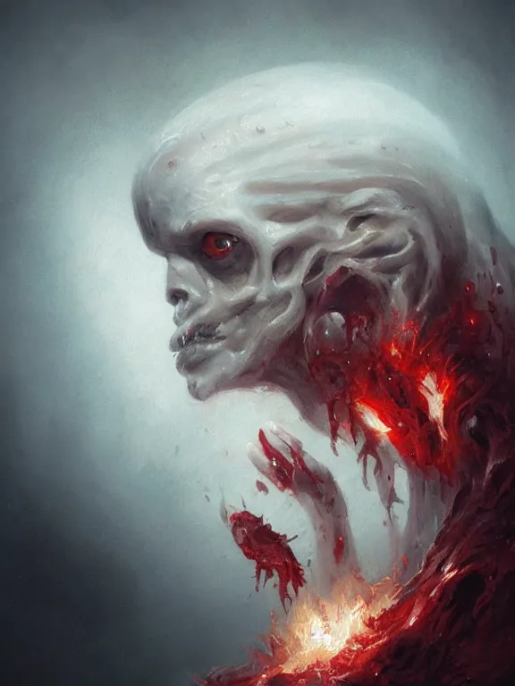 Image similar to painting by greg rutkowski of a flying sorrowful looking human head with tears running down it's eyes, face that is chalk white in color, with long sprawling white tentacles stemming down it's neck, fiery scorching red eyes, flying in a terrying hellish dark cavernous place