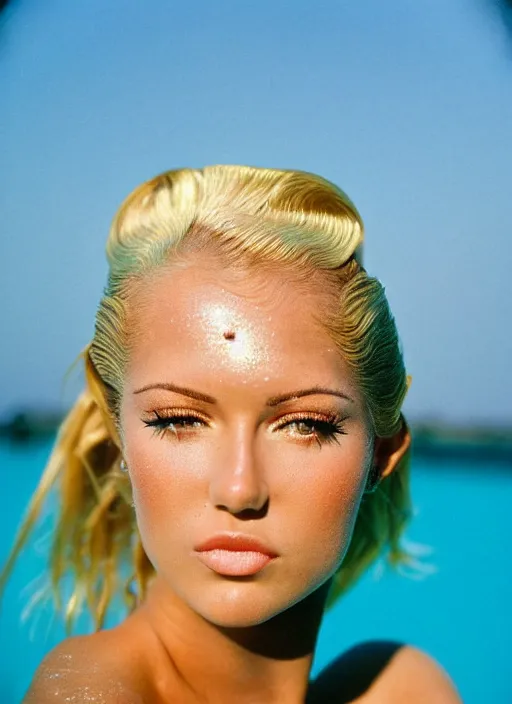 Image similar to A close up head portrait photography of female swimsuit model, Cristie Brinkley, in a gold one piece swimsuit, stylized make-up on face, a retro swimming pool in background. by Cameron Hammond. 1980s magazine style. Cinematic. Natural Light Golden Hour, Kodak Portra 400. Lens flare. 85mm, ƒ1.8