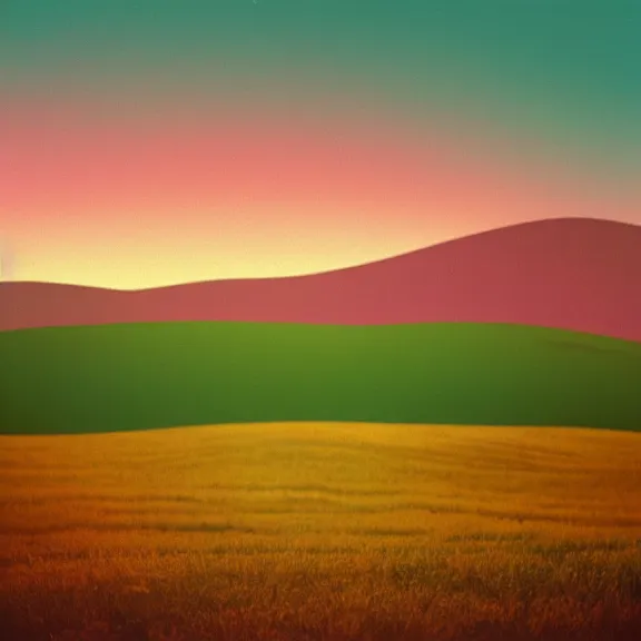 Prompt: rolling hills landscape, teal gradient, boards of Canada film photography 70's, album art