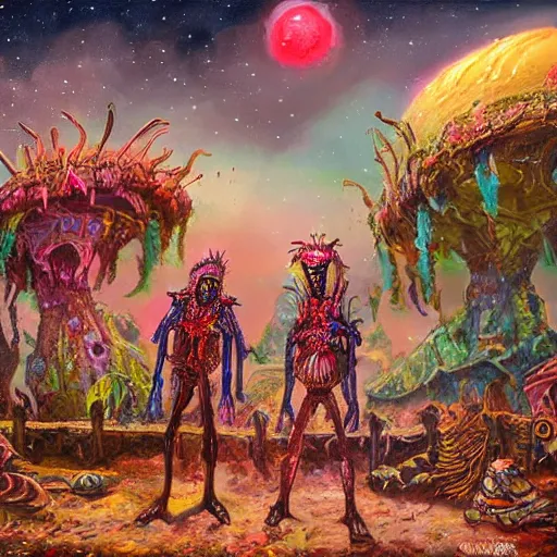 Prompt: extraterrestrial wedding in village on ancient post - apocalyptic planet, jim henson creature shop, vivid and colorful, cinematic, oil painting, highly detailed, illustration