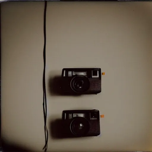 Image similar to a polaroid photo a of an abandoned and rather lonely college student's bedroom, completely empty, desolate and devoid atmosphere, faint string lights hung on the wall can be seen, shot with portra 400