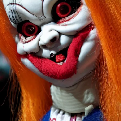 Prompt: Chucky the killer doll for sale at a horror convention
