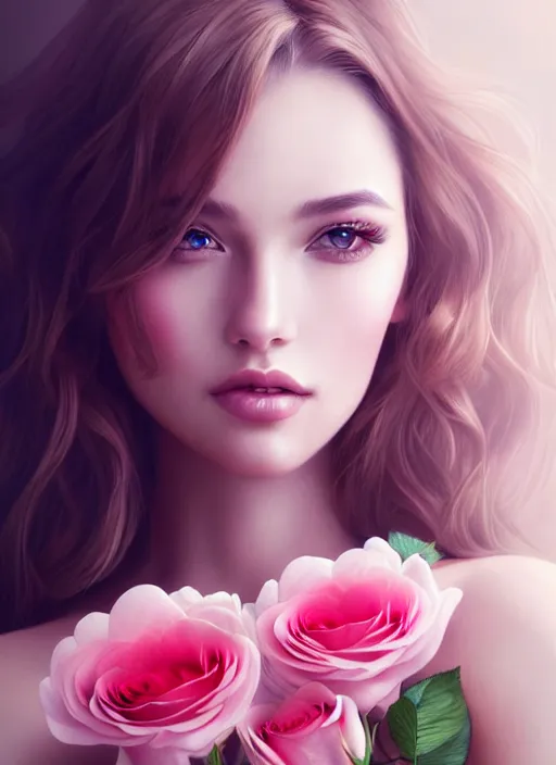 Image similar to a gorgeous female photo, professionally retouched, soft lighting, holding a bouquet of roses, realistic, smooth face, perfect eyes, wide angle, sharp focus on eyes, 8 k high definition, insanely detailed, intricate, elegant, art by artgerm and wlop