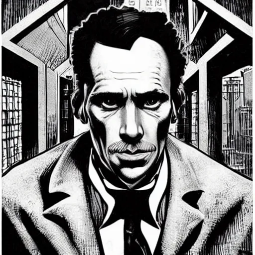 Image similar to portrait of sherlock holmes, mash - up between mc escher and vincent van gogh, marvel comics style