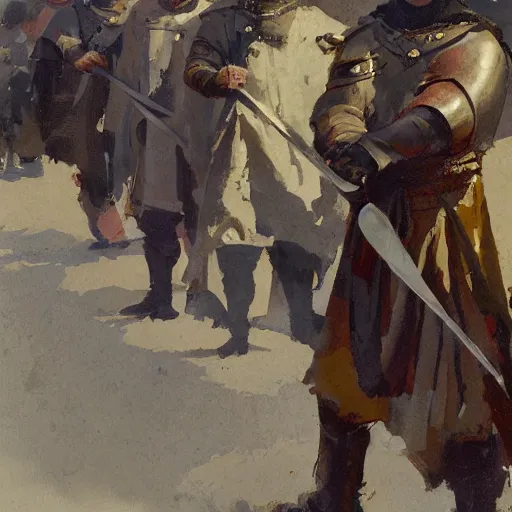 Prompt: portrait of two men wearing gambeson and medieval helmets, raised swords, fighting, detailed by greg manchess, craig mullins, bernie fuchs, walter everett