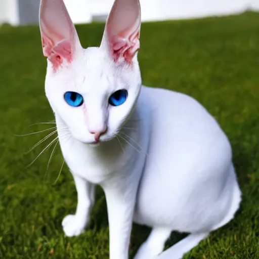 Prompt: white oriental shorthair cat with the largest most gigantic huge ears