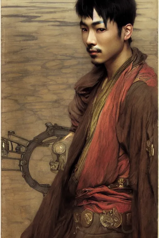 Prompt: attractive asian male, steampunk, cool tint, orientalist intricate portrait by john william waterhouse and edwin longsden long and theodore ralli and nasreddine dinet, hyper realism, dramatic lighting