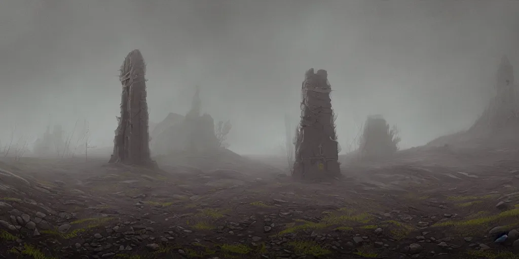 Prompt: A digital painting by Simon Stålenhag of Iceland´s gravel road monumental old ruins tower of a dark misty forest,overcast, sci-fi of Iceland landscape.