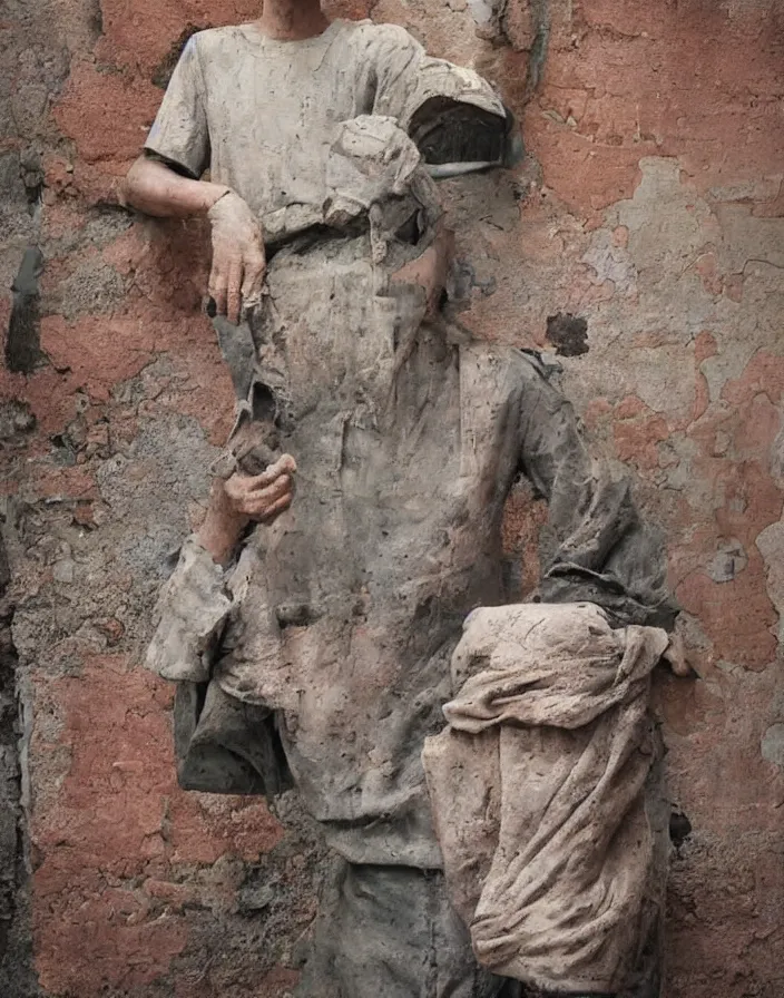 Prompt: vintage color photo of the portrait of vitalik buterin, terracotta sculpture in the middle of a poor brazilian favela street, image by werner herzog