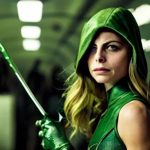 Image similar to film still of willa holland as a female green arrow in the 2 0 1 7 film justice league, focus on facial details, minimal bodycon feminine costume, dramatic cinematic lighting, inspirational tone, suspenseful tone, promotional art