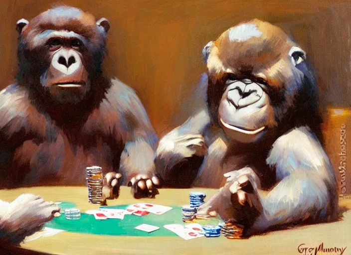 Prompt: one gorrila, one bear!!, playing poker, highly detailed beautiful, by gregory manchess, james gurney, james jean