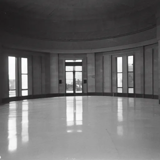 Prompt: art deco civic center interior, 1 9 7 0 s, real estate listing photo, orange color dye fading cast, film dust