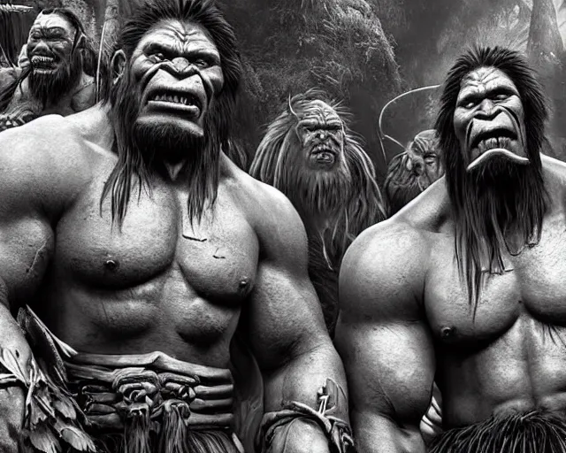 Image similar to hyper realistic group vintage photograph of a live action warcraft orc warrior tribe in the jungle, tall, hulk like physique, detailed faces, tribal paint, tribal armor, grain, old, monochrome, sepia toned, realistic lighting, wide angle