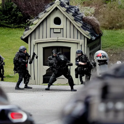 Prompt: photo of swat raid on the hobbit house