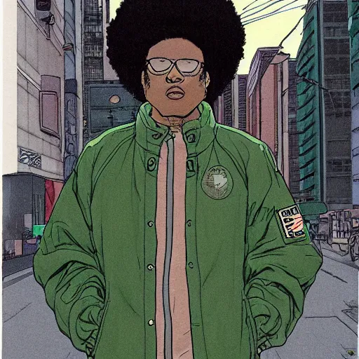 Image similar to illustration by katsuhiro otomo, black man with afro hair, stubble, wearing an adidas army green jacket, in the streets of tokyo, akira style, by katsuhiro otomo