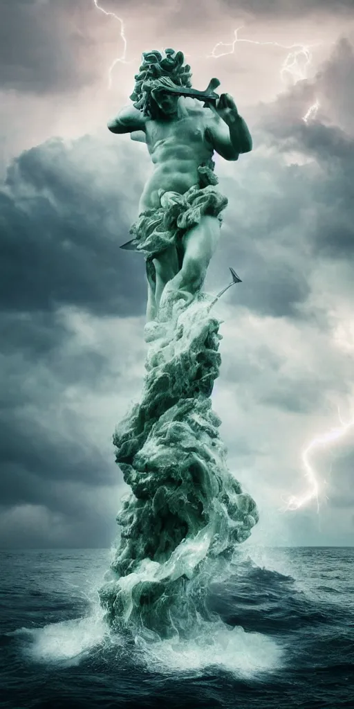 Prompt: gigantic marble statue of the god of the sea wielding a trident on an island. roiling waves at the base. scene lit by lightning. thunderclouds in the background. fantasy setting. magicians praying to the statue. purples and greens. fantasy aesthetic. extremely detailed. 4 k. digital art.