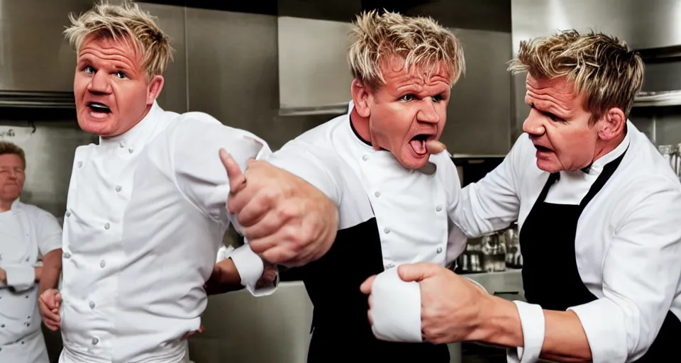 Image similar to photo of angry furious Gordon Ramsay punching Gordon Ramsay at the kitchen