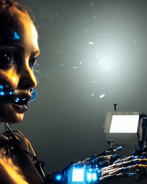 Prompt: photo of sweaty soulful female as a cyberpunk mecha humanoid robotic head and face parts with fluorescent lamps surrounding face, sweaty skin dripping down face, ultra - realistic and detailed, long exposure 8 k