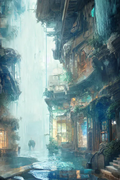 Image similar to inside the antique street of atlantis the city of water, waterfall, intricate, elegant, volumetric lighting, digital painting, highly detailed, artstation, sharp focus, illustration, concept art, ruan jia, steve mccurry