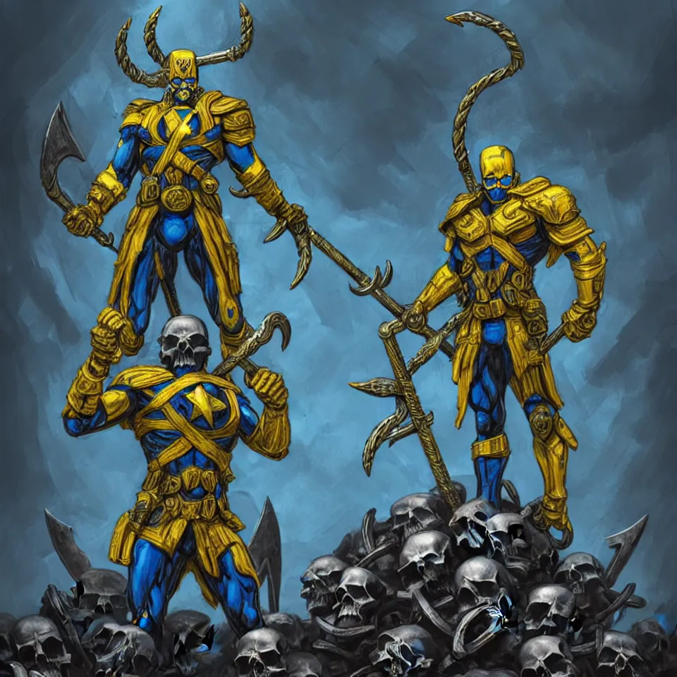 Image similar to a distant shot of one!!!!! single super soldier with blue and yellow flag and a trident symbol standing alone on a huge pile of skulls as a winner, masculine figure, D&D, fantasy, intricate, elegant, highly detailed, extremely detailed, digital painting, artstation, concept art, matte, smooth, sharp focus, illustration, art by Artgerm and Greg Rutkowski and Alphonse Mucha