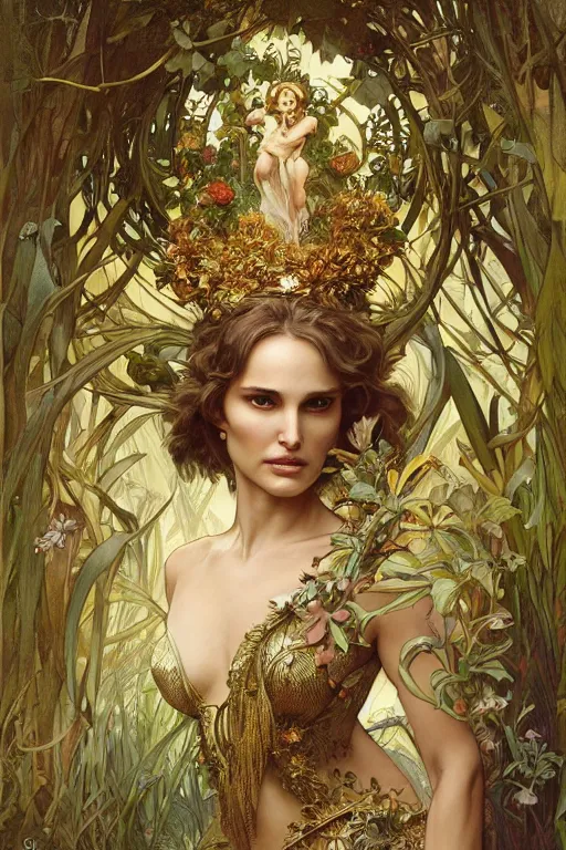 Image similar to natalie portman as queen of the jungle, running, full figure, painted by nekro, alphonse mucha, dark - fantasy, intricate detail, artstation, cgsociety, rococo, gold leaf art