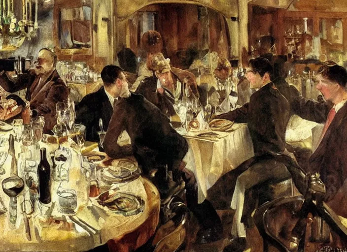 Prompt: men having dinner, singing, roaring twenties, cellar, masterpiece, torches on wall, meat, wine, schnapps, smoking cigars, scantily clad blondes, oil painting by anders zorn and carl larsson, art nouveau