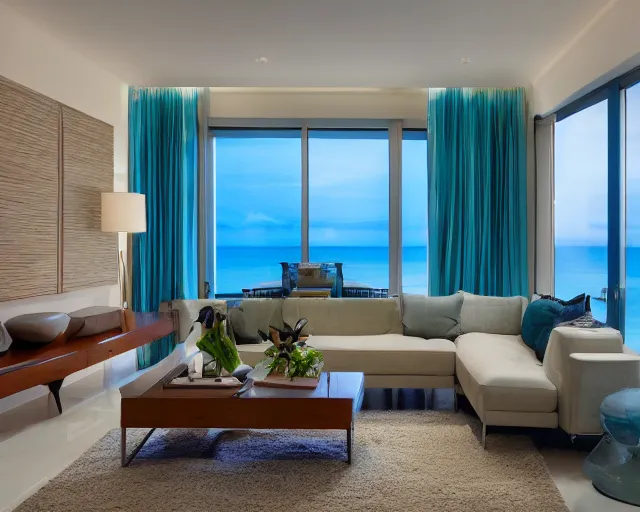 Image similar to A modern living room in a ocean hues style, calm, realsxed style, harmony, wide angle shot, 8k resolution