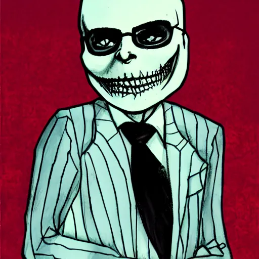 Image similar to grunge drawing of Klaus Schwab in the style of jack skellington and Jacob Shaw,creepy, surreal, trending on artstation, bold and vivid colour