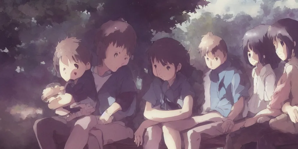 Image similar to a family with sorrow faces sitting on a bench, close up shot, anime art, Greg Rutkowski, studio ghibli, dramatic lighting