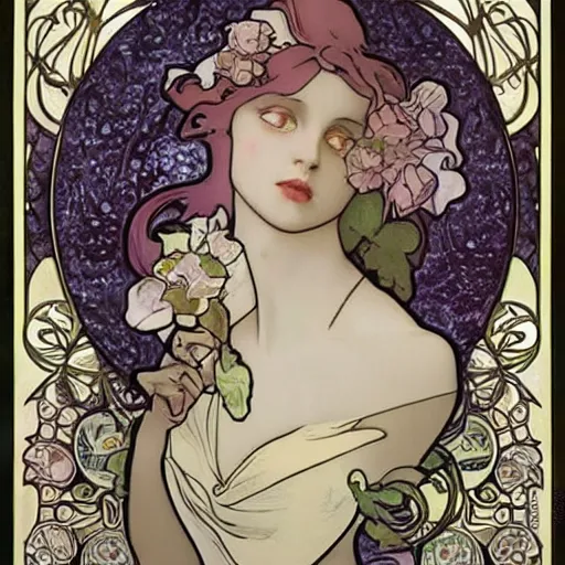 Image similar to Alice in Wonderland,Diamonds Blaze,Rose twining,out of time and space,dreamy, eternity, romantic,highly detailed,in the style of Alphonse Maria Mucha, highly detailed,night lighting