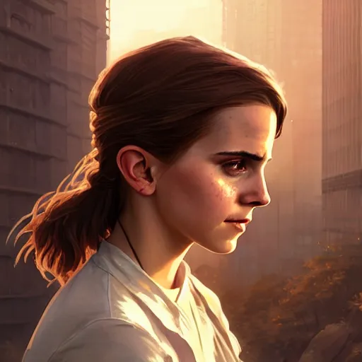 Image similar to highly detailed portrait of emma watson in gta v, stephen bliss, unreal engine, fantasy art by greg rutkowski, loish, rhads, ferdinand knab, makoto shinkai and lois van baarle, ilya kuvshinov, rossdraws, tom bagshaw, global illumination, radiant light, detailed and intricate environment