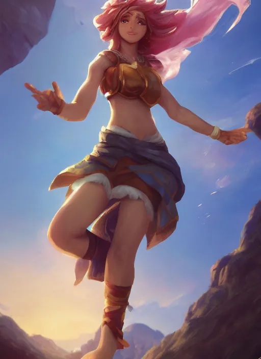 Image similar to joyful taliyah, from league of legends, au naturel, with abs, rock climbing, hyper detailed, mountain background, digital art, trending in artstation, cinematic lighting, studio quality, smooth render, unreal engine 5 rendered, octane rendered, art style by klimt and nixeu and ian sprigger and wlop and krenz cushart