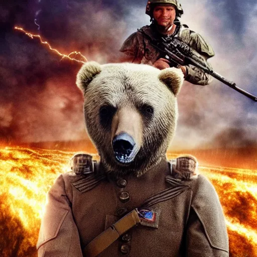 Prompt: most hated united states president, riding bear, realistic render, leading army in battle against aliens at the alamo, stormy weather with lightning, directed by christopher nolan and michael bay