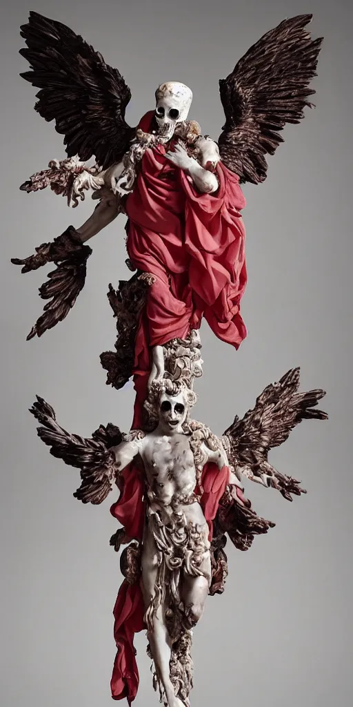 Prompt: a baroque delicate marble sculpture of handsome Lucifer with wings and wearing around his neck a wreath of souls while holding a flaming skull, dressed in hellfire, stands in the pose of a super hero on a brimstone stone, red silk flowing fabric, flying black demon cherubs, marble white columns, black plastic, black tar particles, Greek elements, human teeth. full-length view. baroque element. intricate artwork by caravaggio. many many bats flying in the background. Trending on artstation. halo. octane render, cinematic, hyper realism, octane render, 8k, depth of field, bokeh. iridescent accents. vibrant. sakura color scheme