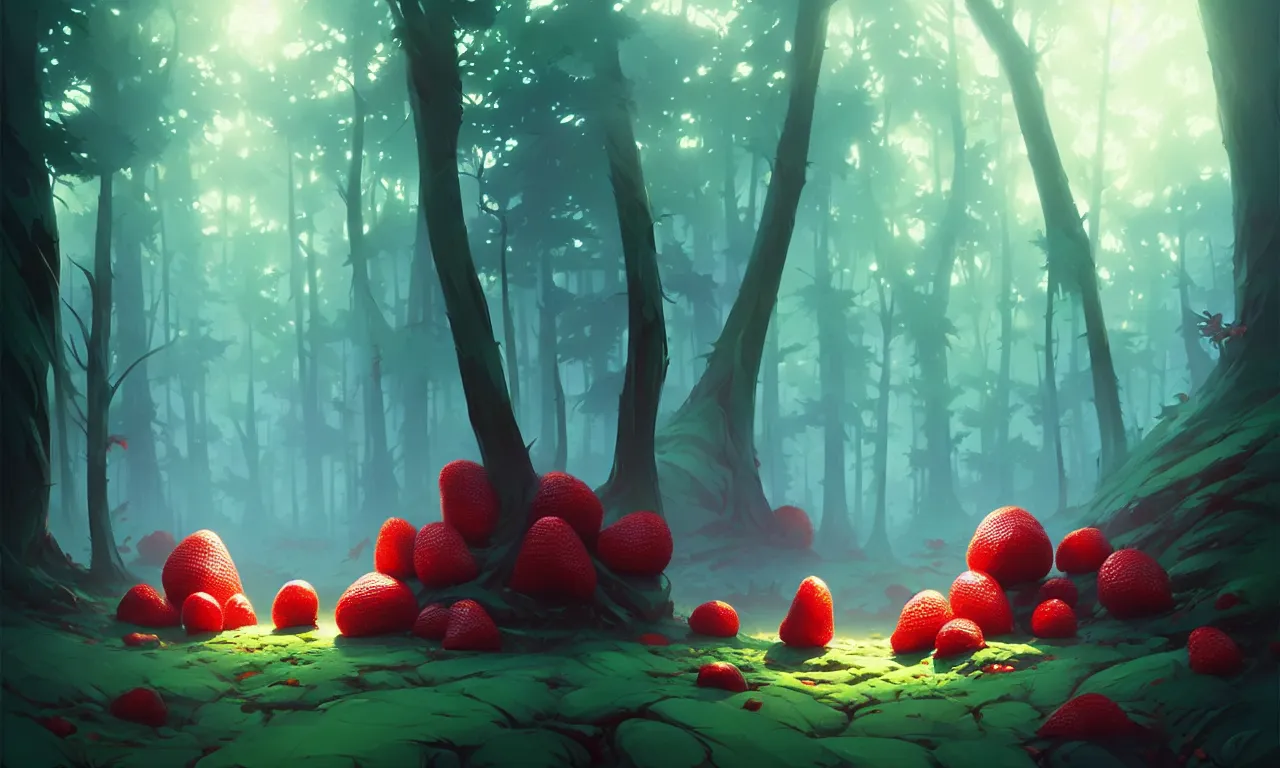 Image similar to Dark forest large strawberries, behance hd by Jesper Ejsing, by RHADS, Makoto Shinkai and Lois van baarle, ilya kuvshinov, rossdraws global illumination