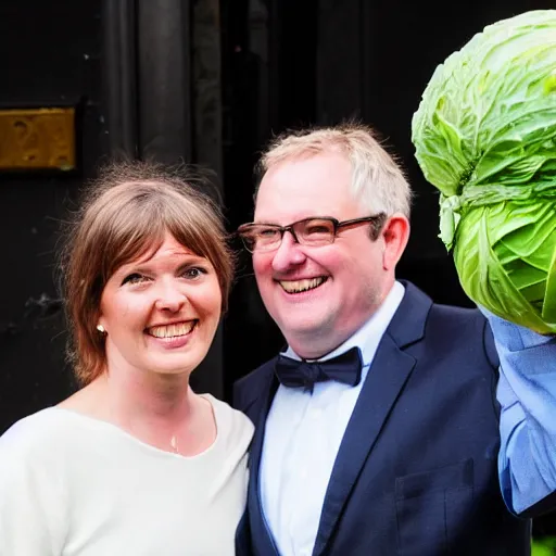 Prompt: a middle - aged british comedian and political commentator marrying a head of cabbage