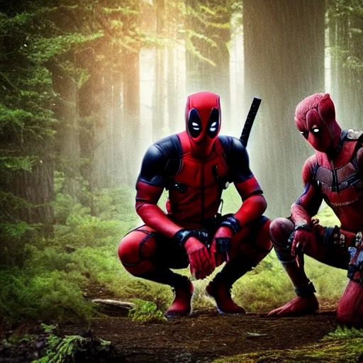 Image similar to deadpool and groot in the woods playing digital art 4 k detailed