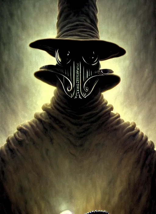 Image similar to stunning portrait of grotesque and horrifying plague doctor, victorian era, lovecraftian horror, cosmic horror!! cinematic lighting, horror fiction, digital art, winning award masterpiece, fantastically beautiful, aesthetically inspired by wayne barlowe and gerald brom, trending on artstation, art by greg rutkowski and h r giger, octane render, 8 k